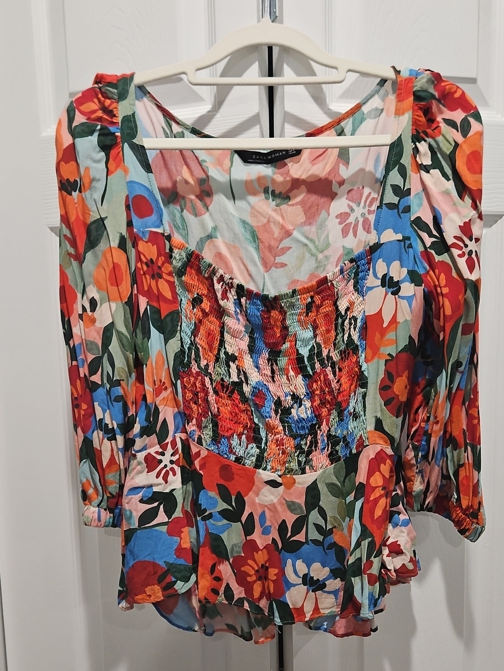 Zara Multicolor Floral Smocked Blouse - Red, Blue, Green, Orange